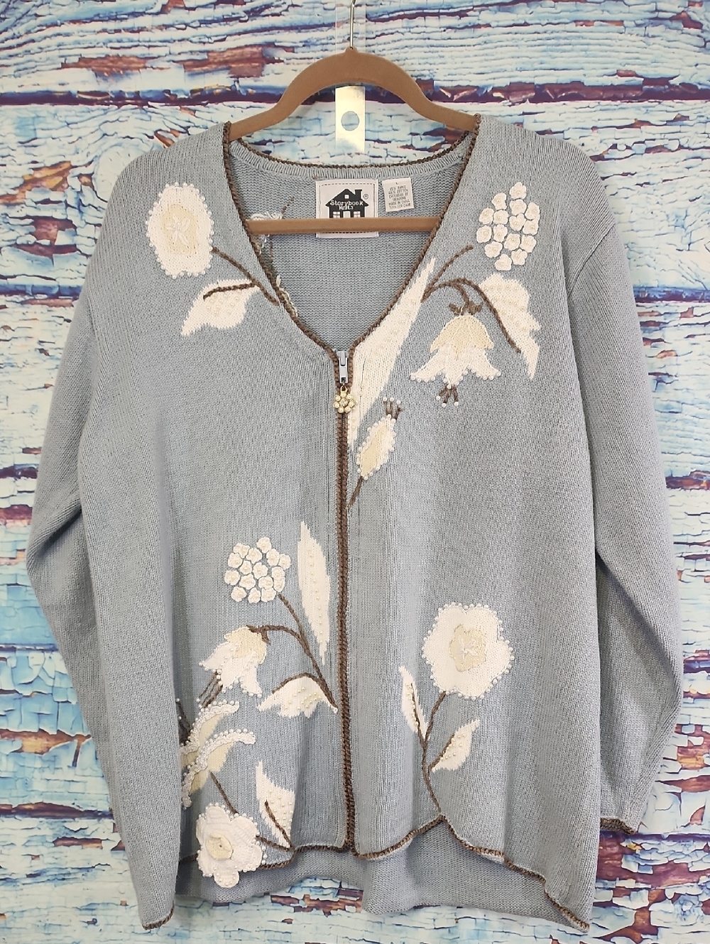 Storybook Knits Light Blue Floral Zip Cardigan
